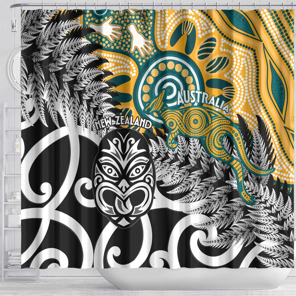 New Zealand Australia Rugby Shower Curtain Wallabies Aboriginal All Black Maori Tiki Together - Polynesian Pride