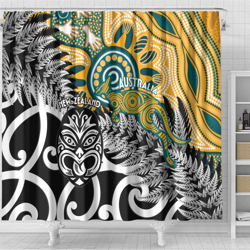 New Zealand Australia Rugby Shower Curtain Wallabies Aboriginal All Black Maori Tiki Together - Polynesian Pride