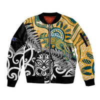 New Zealand Australia Rugby Custom Sleeve Zip Bomber Jacket Wallabies Aboriginal All Black Maori Tiki Together - Polynesian Pride