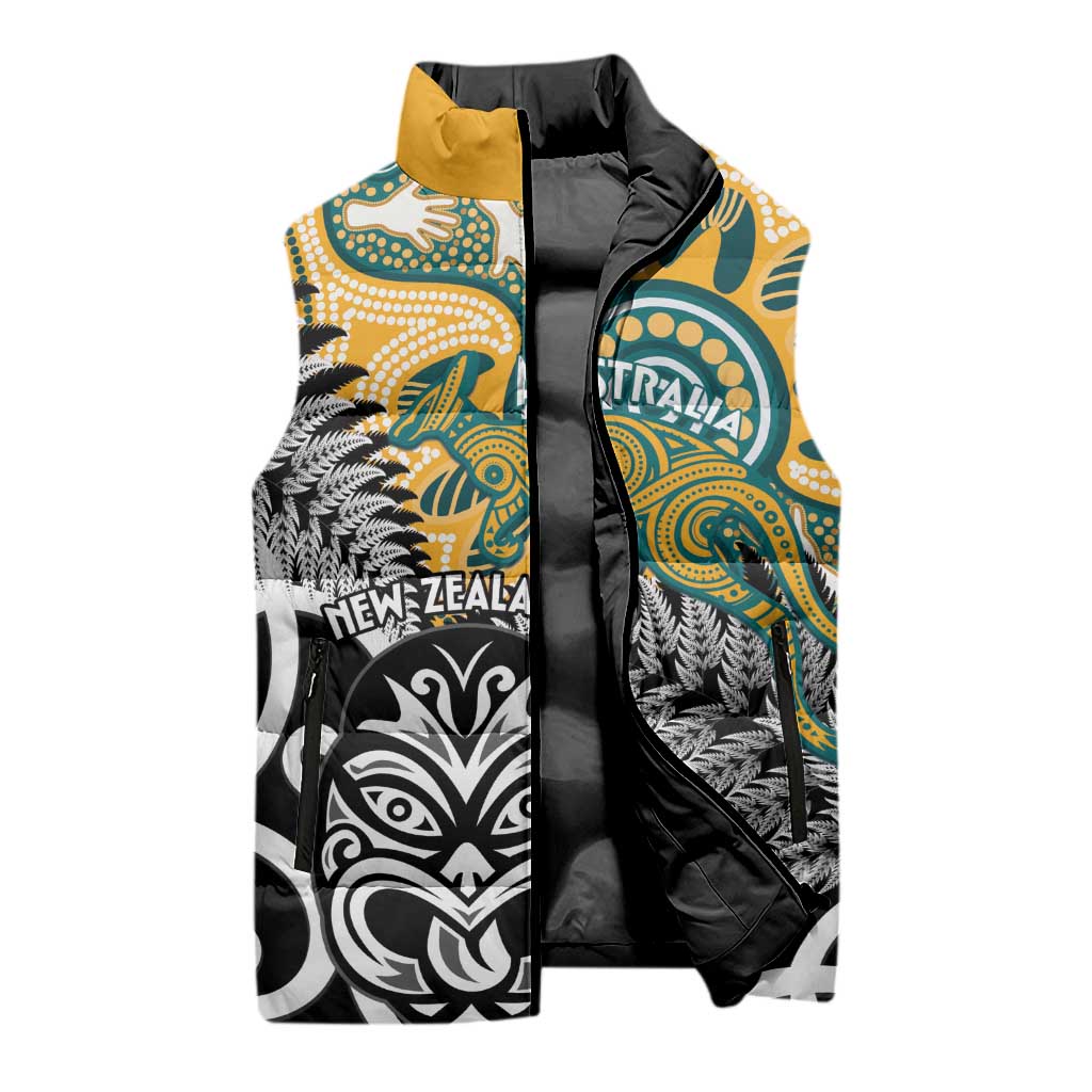 New Zealand Australia Rugby Custom Sleeveless Puffer Jacket Wallabies Aboriginal All Black Maori Tiki Together - Polynesian Pride