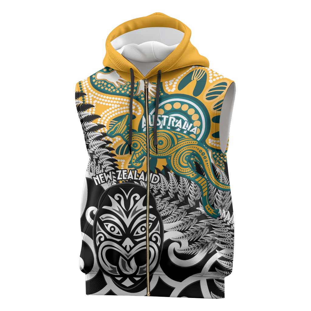 New Zealand Australia Rugby Custom Sleeveless Zip Hoodie Wallabies Aboriginal All Black Maori Tiki Together - Polynesian Pride
