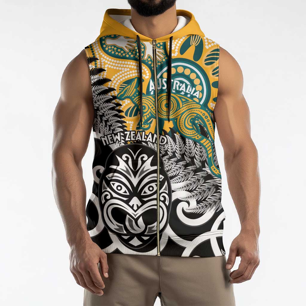 New Zealand Australia Rugby Custom Sleeveless Zip Hoodie Wallabies Aboriginal All Black Maori Tiki Together - Polynesian Pride