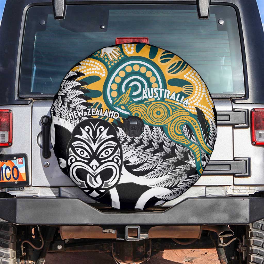 New Zealand Australia Rugby Spare Tire Cover Wallabies Aboriginal All Black Maori Tiki Together - Polynesian Pride