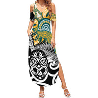 New Zealand Australia Rugby Custom Summer Maxi Dress Wallabies Aboriginal All Black Maori Tiki Together - Polynesian Pride