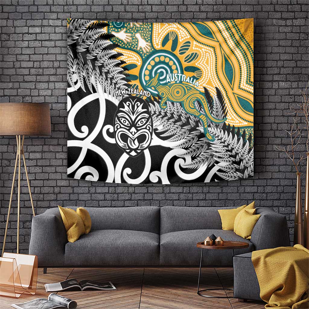 New Zealand Australia Rugby Tapestry Wallabies Aboriginal All Black Maori Tiki Together - Polynesian Pride