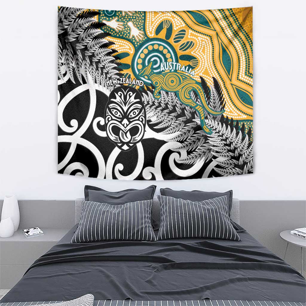 New Zealand Australia Rugby Tapestry Wallabies Aboriginal All Black Maori Tiki Together - Polynesian Pride