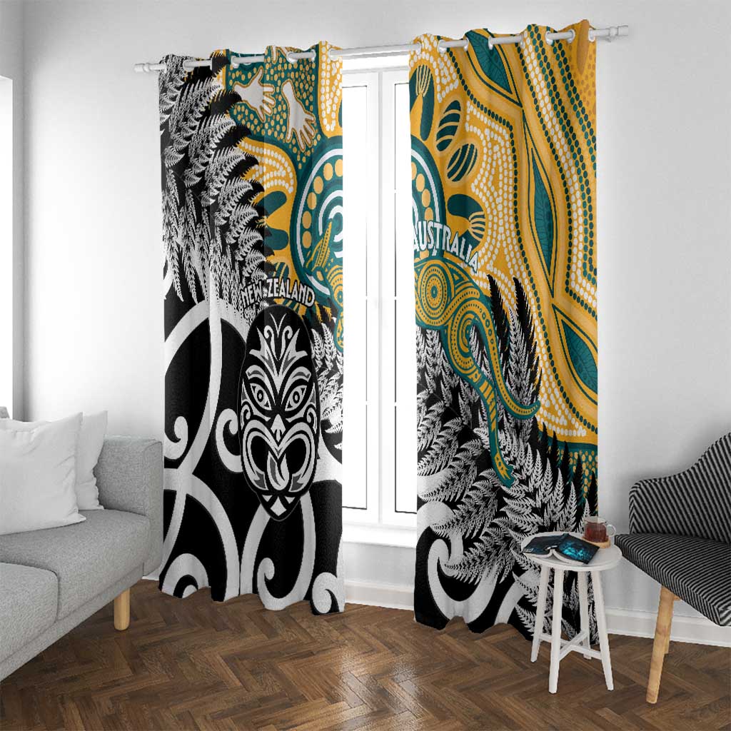 New Zealand Australia Rugby Window Curtain Wallabies Aboriginal All Black Maori Tiki Together - Polynesian Pride