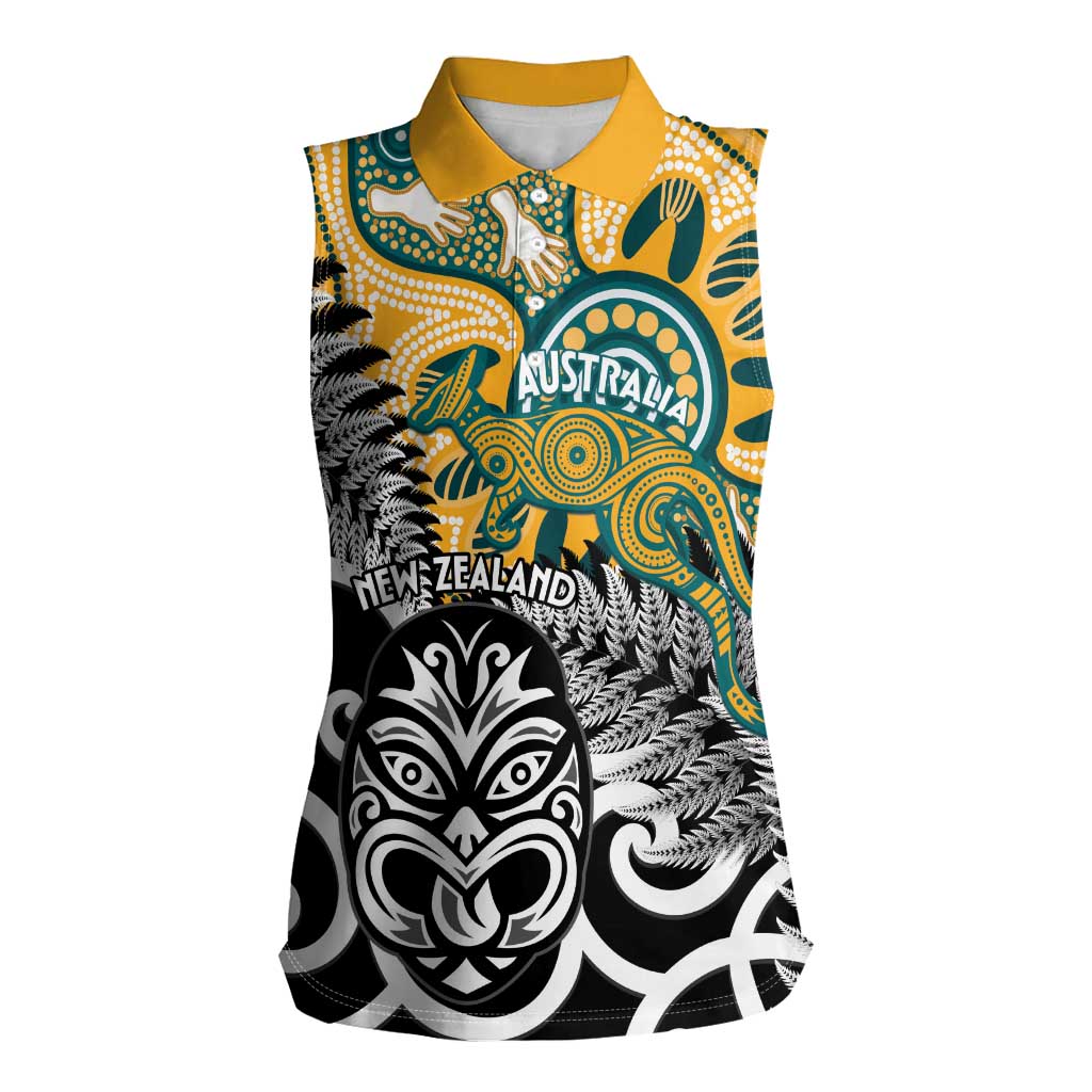New Zealand Australia Rugby Custom Women Sleeveless Polo Shirt Wallabies Aboriginal All Black Maori Tiki Together - Polynesian Pride