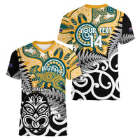 New Zealand Australia Rugby Custom Women V-Neck T-Shirt Wallabies Aboriginal All Black Maori Tiki Together - Polynesian Pride