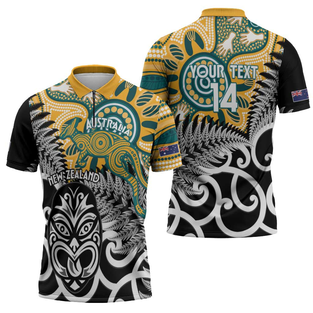 New Zealand Australia Rugby Custom Zipper Polo Shirt Wallabies Aboriginal All Black Maori Tiki Together - Polynesian Pride