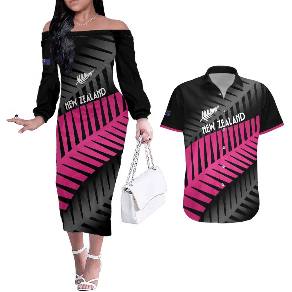 New Zealand Silver Fern Rugby Custom Couples Matching Off The Shoulder Long Sleeve Dress and Hawaiian Shirt 2025 All Black Go Champions - Polynesian Pride