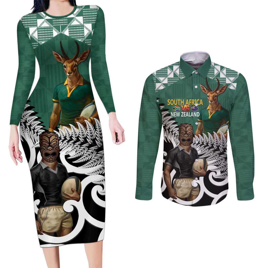 New Zealand South Africa Rugby Custom Couples Matching Long Sleeve Bodycon Dress and Long Sleeve Button Shirt Springboks Kente All Black Maori Together - Polynesian Pride
