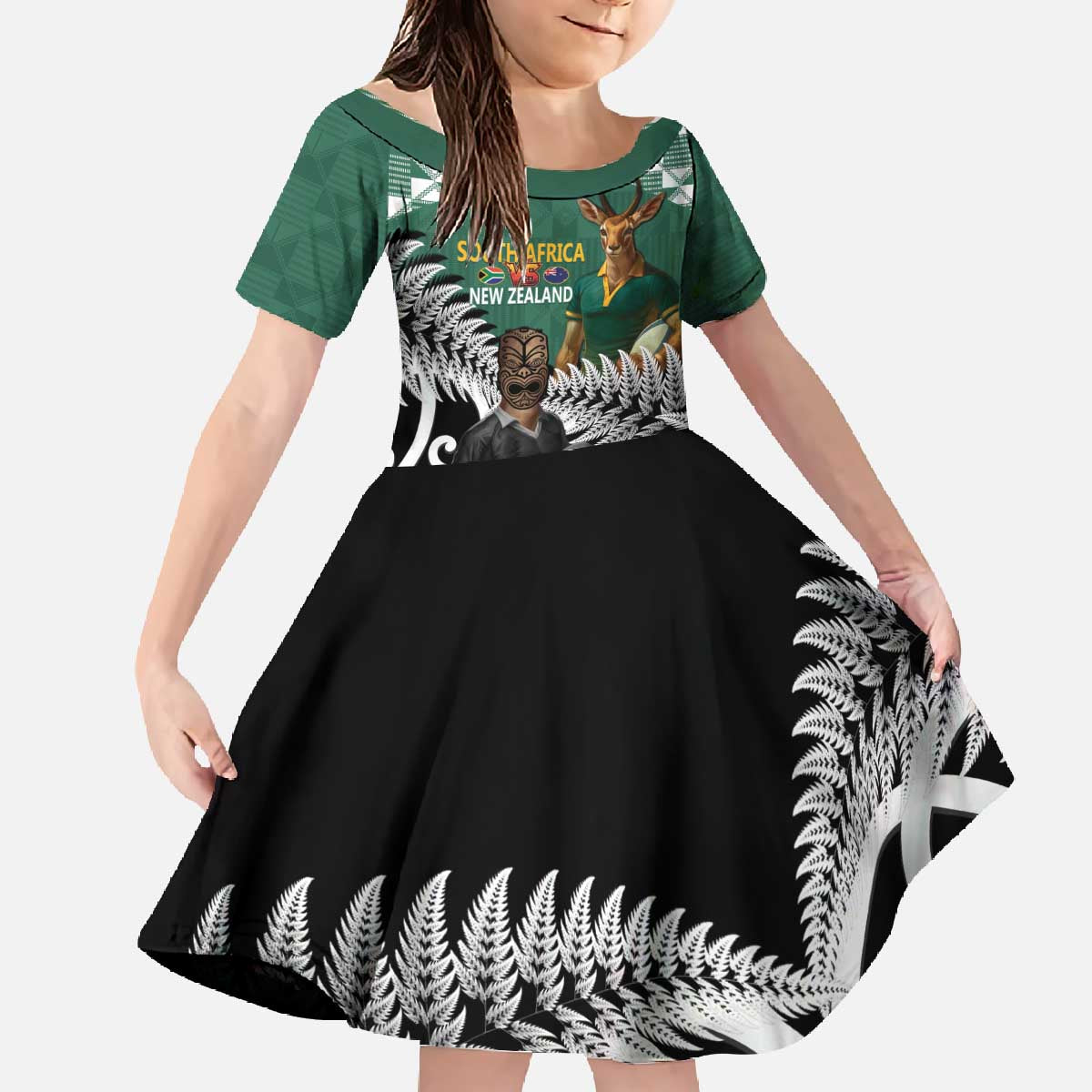 New Zealand South Africa Rugby Custom Family Matching Off The Shoulder Long Sleeve Dress and Hawaiian Shirt Springboks Kente All Black Maori Together - Polynesian Pride