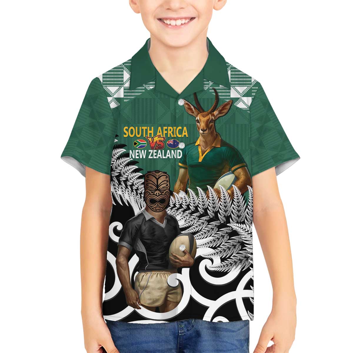 New Zealand South Africa Rugby Custom Family Matching Off The Shoulder Long Sleeve Dress and Hawaiian Shirt Springboks Kente All Black Maori Together - Polynesian Pride