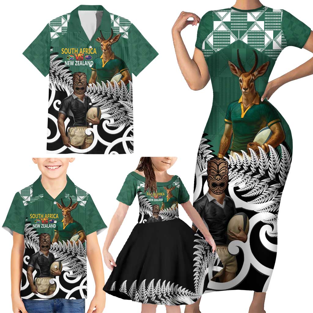 New Zealand South Africa Rugby Custom Family Matching Short Sleeve Bodycon Dress and Hawaiian Shirt Springboks Kente All Black Maori Together - Polynesian Pride