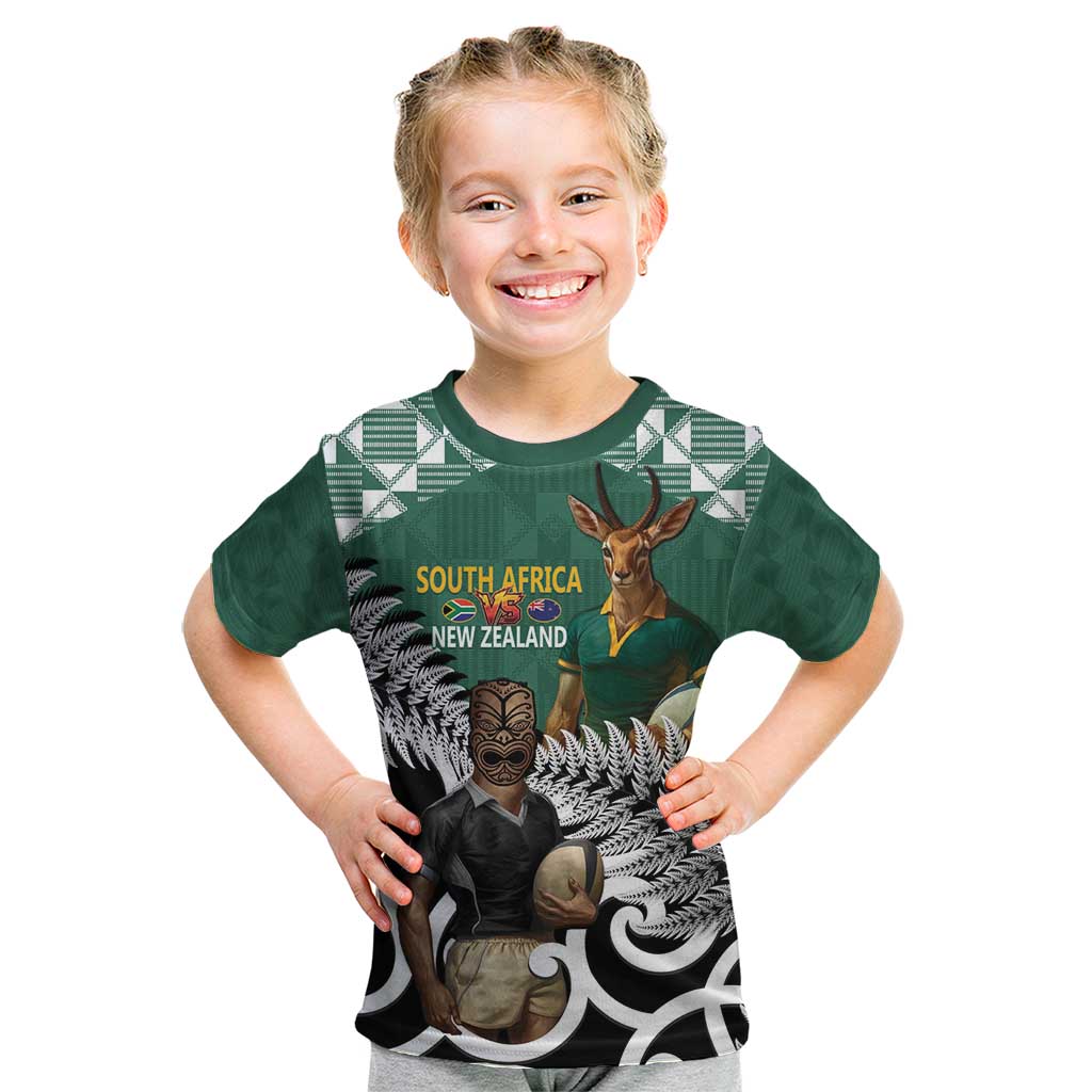 New Zealand South Africa Rugby Custom Kid T Shirt Springboks Kente All Black Maori Together - Polynesian Pride