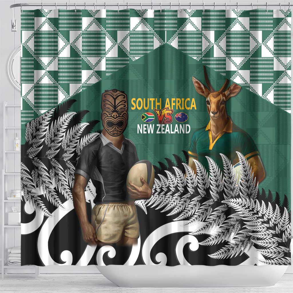New Zealand South Africa Rugby Shower Curtain Springboks Kente All Black Maori Together - Polynesian Pride