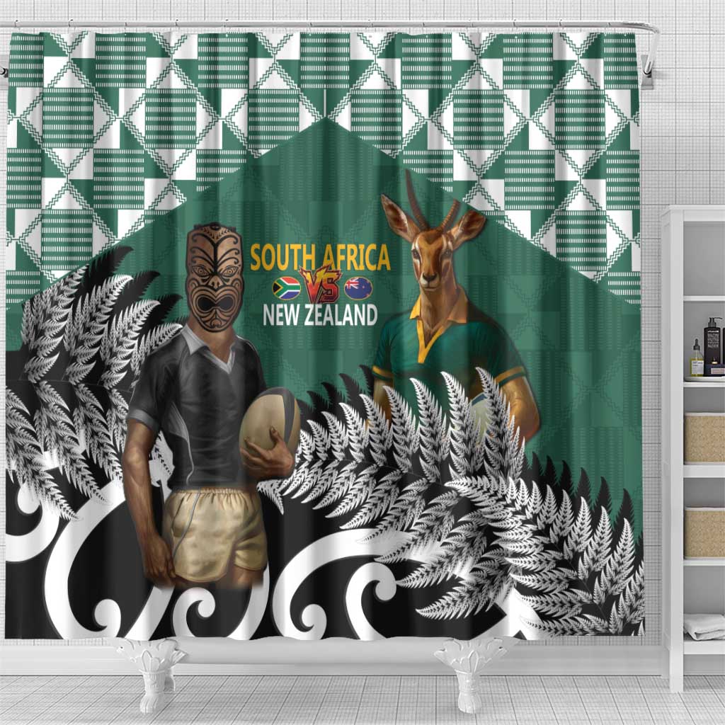 New Zealand South Africa Rugby Shower Curtain Springboks Kente All Black Maori Together - Polynesian Pride