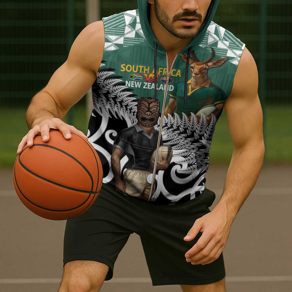 New Zealand South Africa Rugby Custom Sleeveless Zip Hoodie Springboks Kente All Black Maori Together - Polynesian Pride
