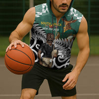 New Zealand South Africa Rugby Custom Sleeveless Zip Hoodie Springboks Kente All Black Maori Together - Polynesian Pride