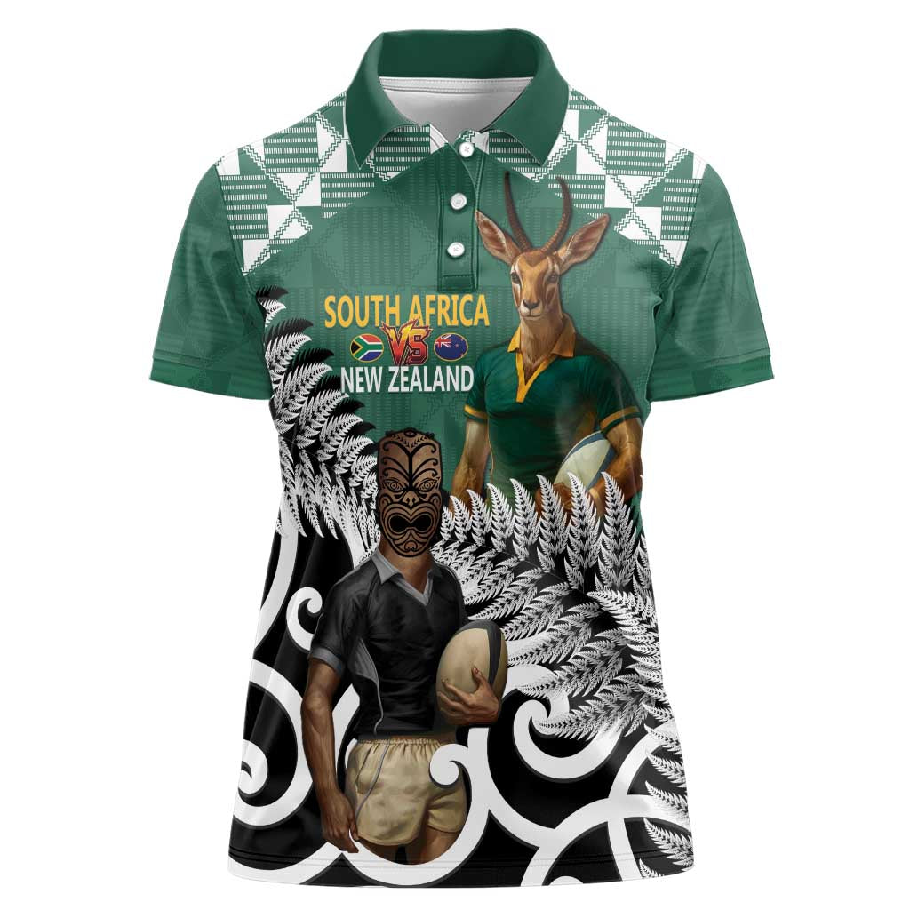 New Zealand South Africa Rugby Custom Women Polo Shirt Springboks Kente All Black Maori Together - Polynesian Pride