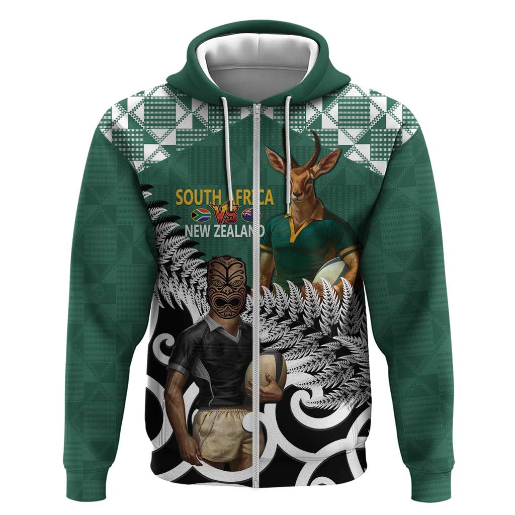 New Zealand South Africa Rugby Custom Zip Hoodie Springboks Kente All Black Maori Together - Polynesian Pride