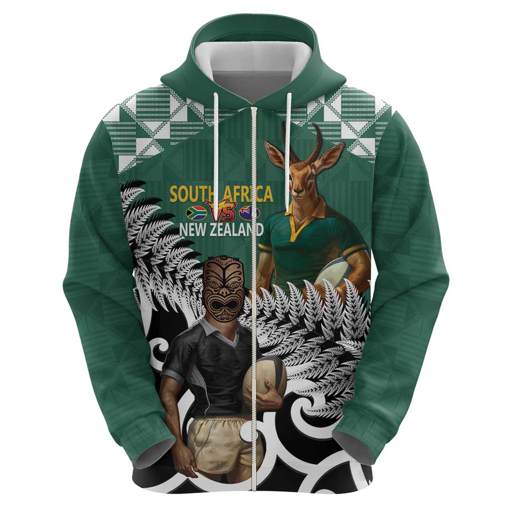 New Zealand South Africa Rugby Custom Zip Hoodie Springboks Kente All Black Maori Together - Polynesian Pride
