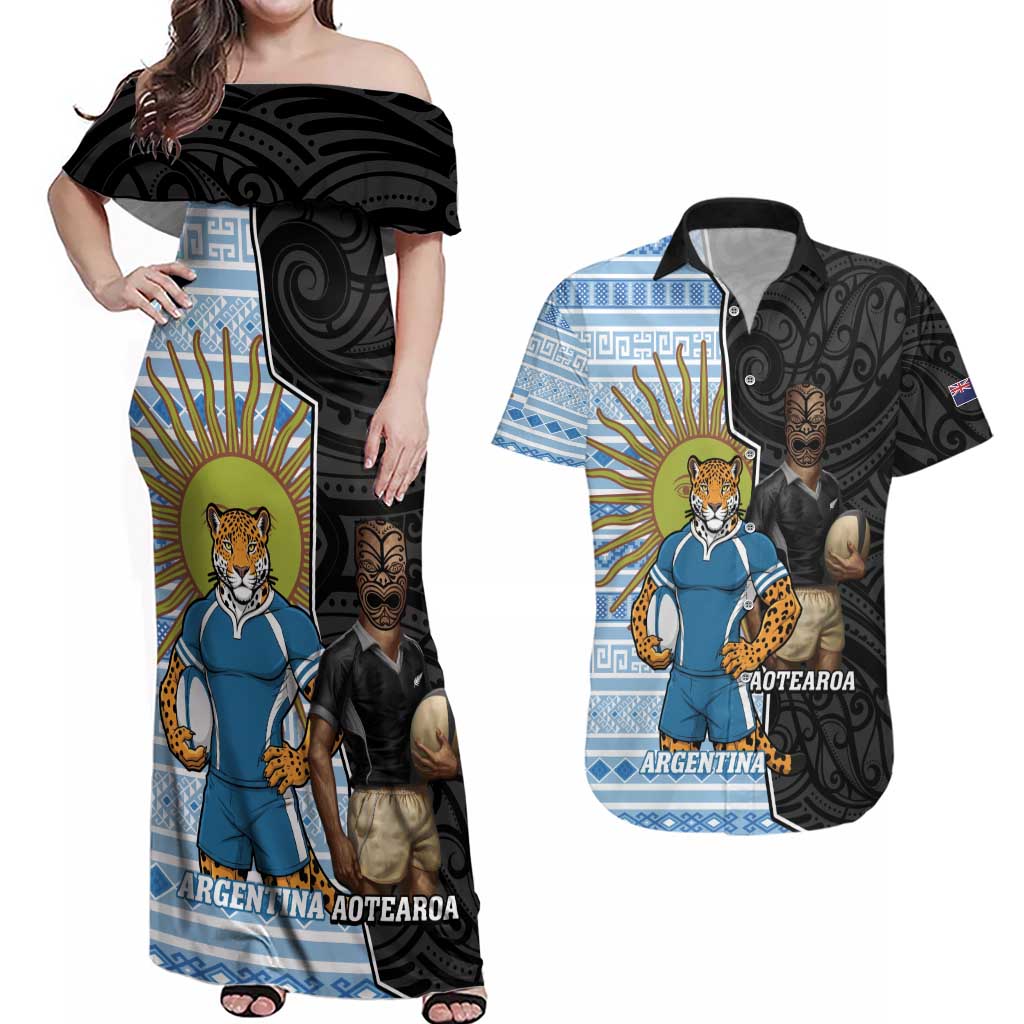 New Zealand Argentina Rugby Custom Couples Matching Off Shoulder Maxi Dress and Hawaiian Shirt 2025 Los Pumas All Black Together - Polynesian Pride