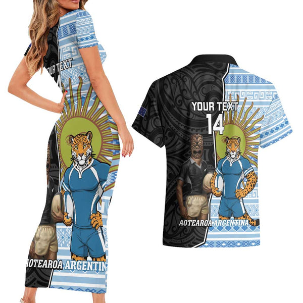 Custom Australia Wallabies and Aotearoa Rugby Couples Matching Short Sleeve Bodycon Dress and Hawaiian Shirt Kangaroo Black Fern Maori Green Vibe LT9