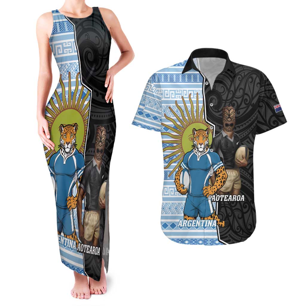 New Zealand Argentina Rugby Custom Couples Matching Tank Maxi Dress and Hawaiian Shirt 2025 Los Pumas All Black Together - Polynesian Pride