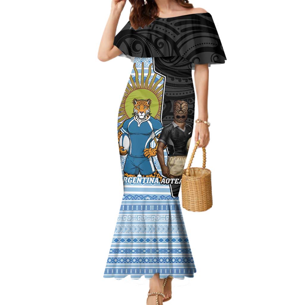 New Zealand Argentina Rugby Custom Family Matching Mermaid Dress and Hawaiian Shirt 2025 Los Pumas All Black Together - Polynesian Pride