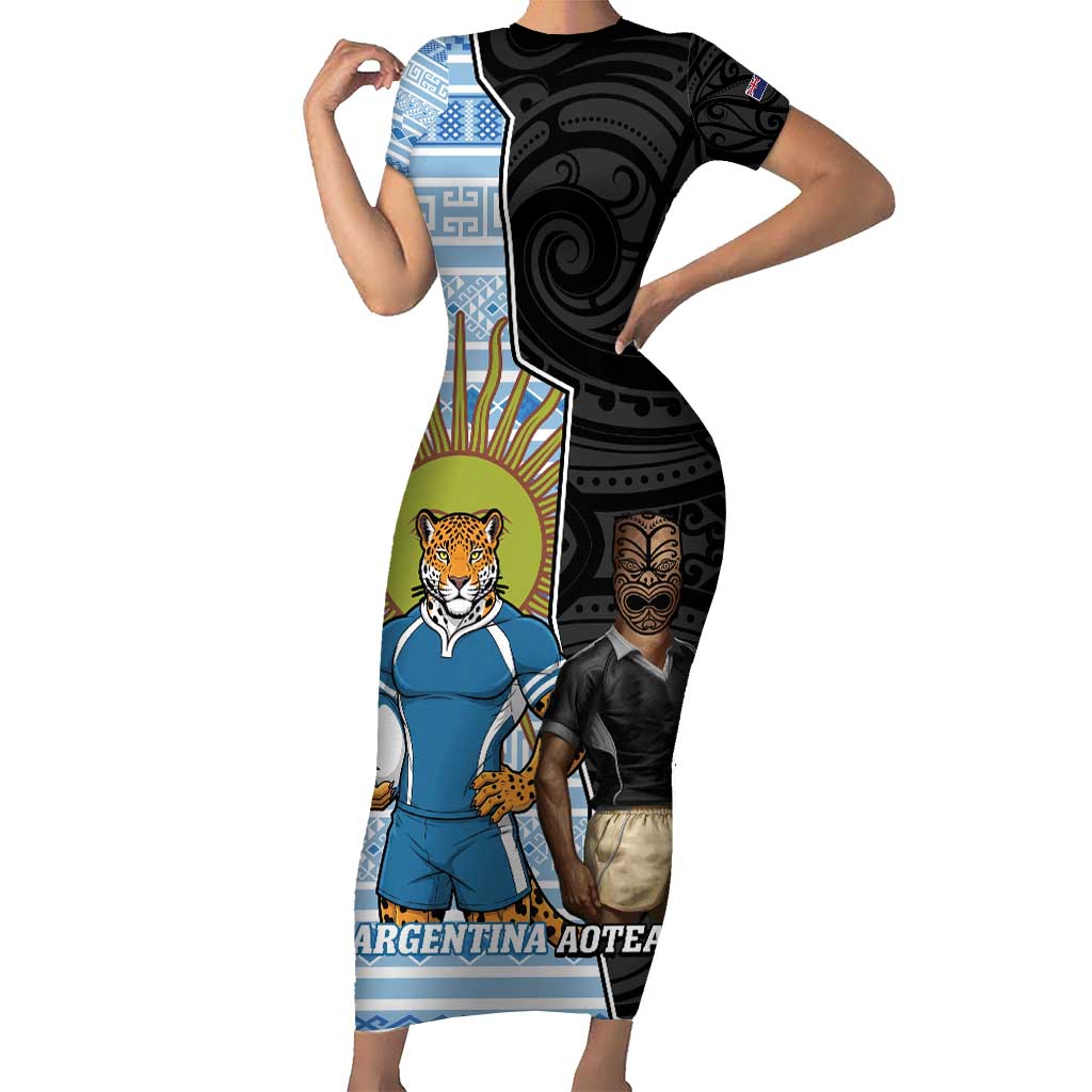 New Zealand Argentina Rugby Custom Family Matching Short Sleeve Bodycon Dress and Hawaiian Shirt 2025 Los Pumas All Black Together - Polynesian Pride