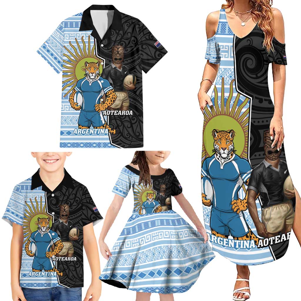 New Zealand Argentina Rugby Custom Family Matching Summer Maxi Dress and Hawaiian Shirt 2025 Los Pumas All Black Together - Polynesian Pride