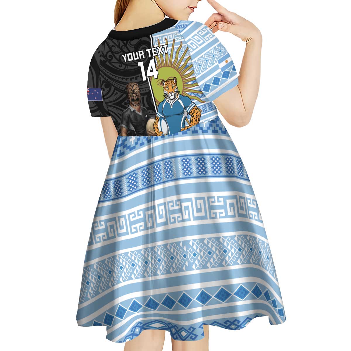 New Zealand Argentina Rugby Custom Kid Short Sleeve Dress 2025 Los Pumas All Black Together - Polynesian Pride
