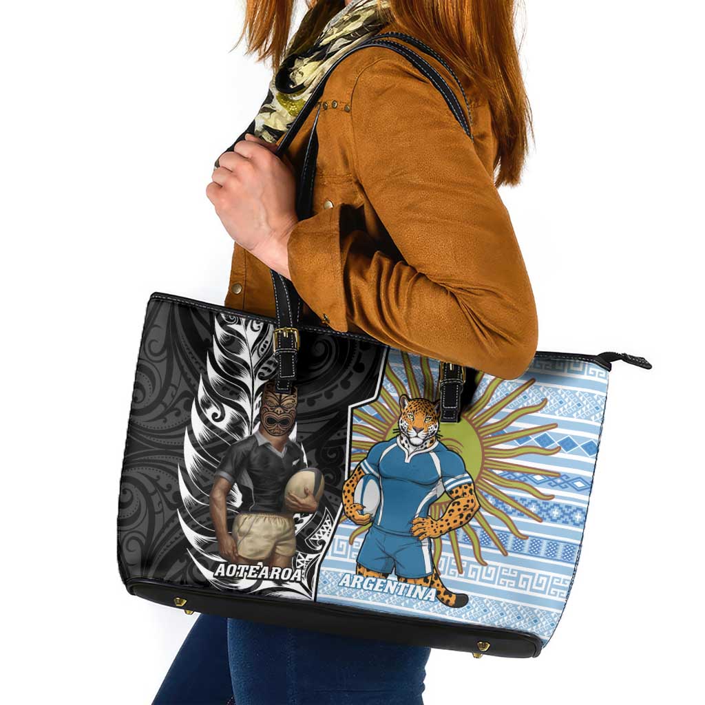 New Zealand Argentina Rugby Leather Tote Bag 2025 Los Pumas All Black Together - Polynesian Pride
