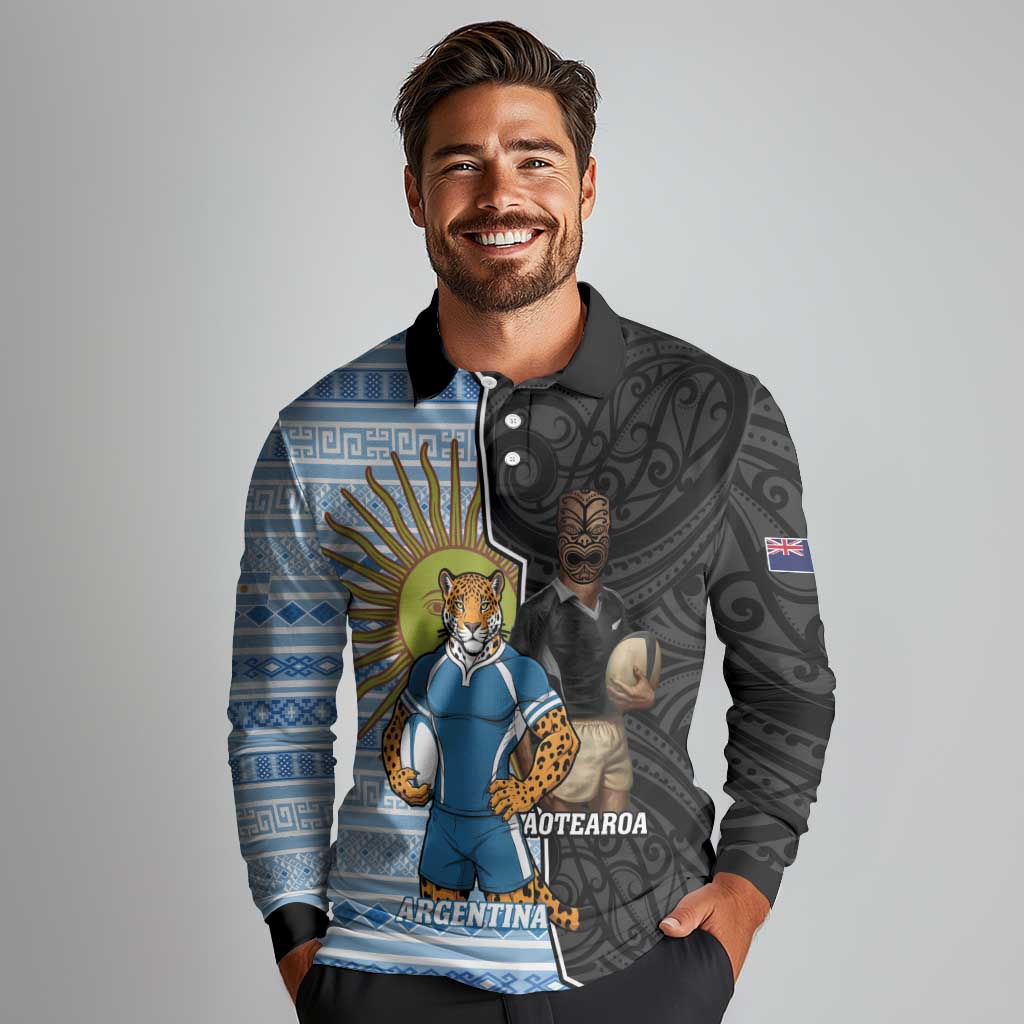 New Zealand Argentina Rugby Custom Long Sleeve Polo Shirt 2025 Los Pumas All Black Together - Polynesian Pride