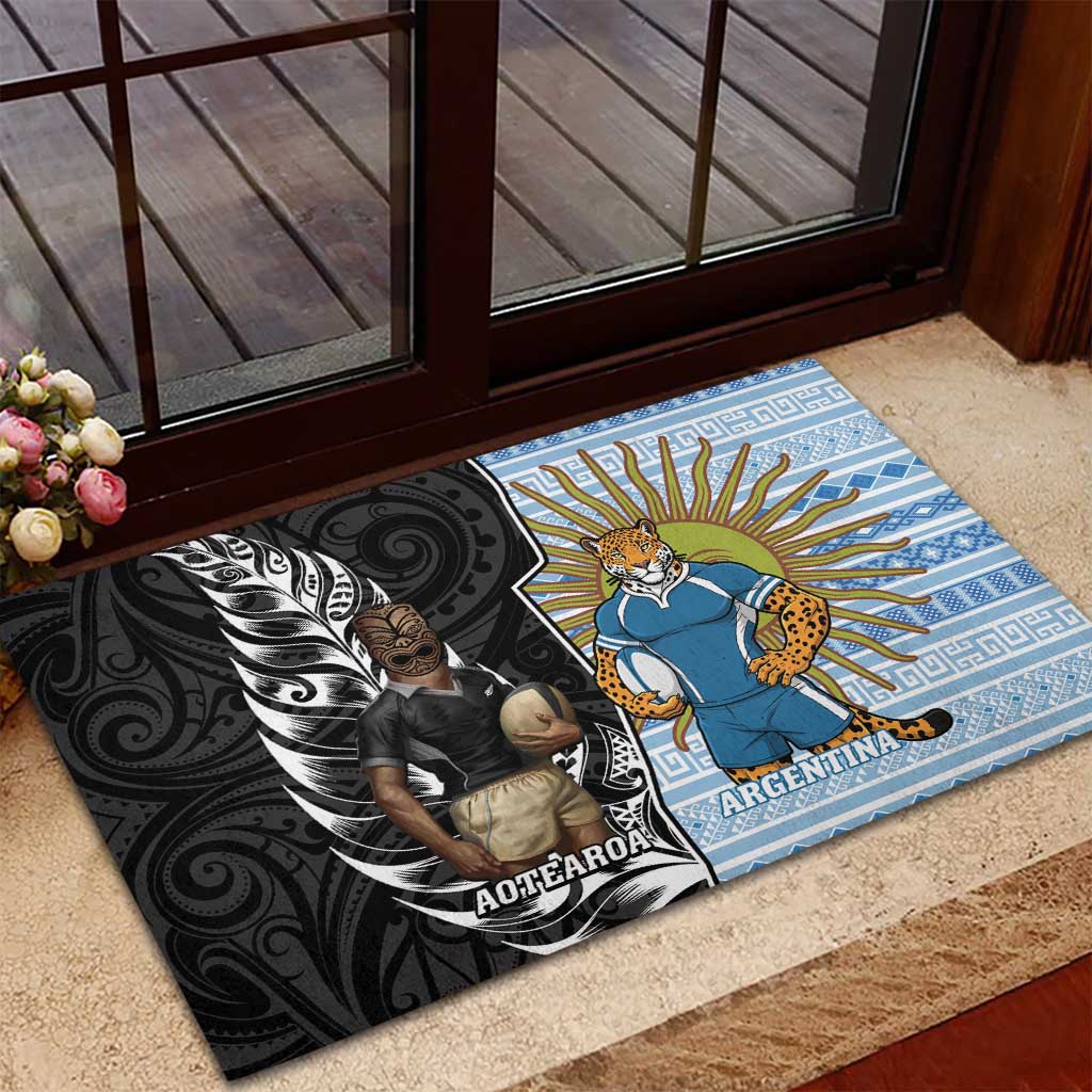 New Zealand Argentina Rugby Rubber Doormat 2025 Los Pumas All Black Together - Polynesian Pride