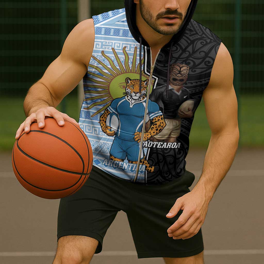 New Zealand Argentina Rugby Custom Sleeveless Zip Hoodie 2025 Los Pumas All Black Together - Polynesian Pride
