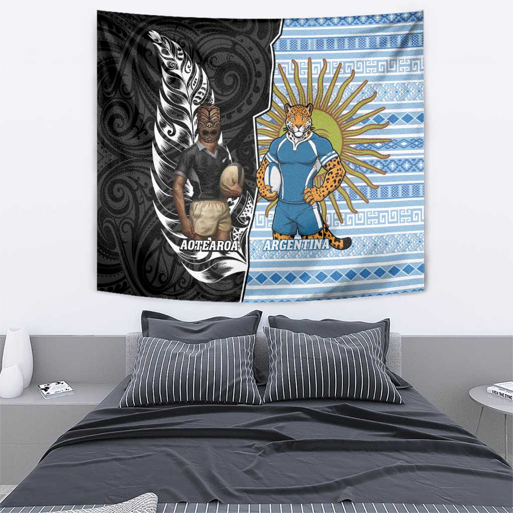 New Zealand Argentina Rugby Tapestry 2025 Los Pumas All Black Together - Polynesian Pride