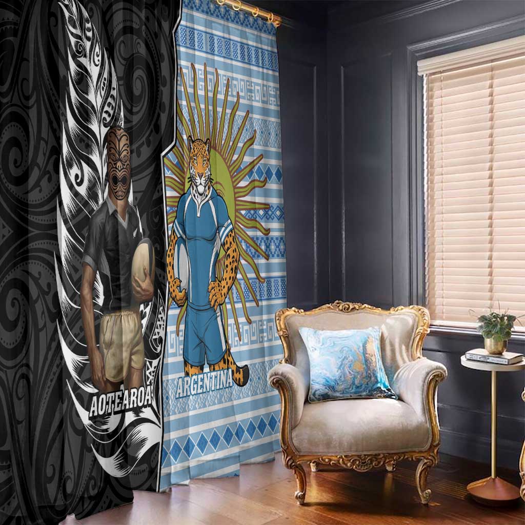 New Zealand Argentina Rugby Window Curtain 2025 Los Pumas All Black Together - Polynesian Pride