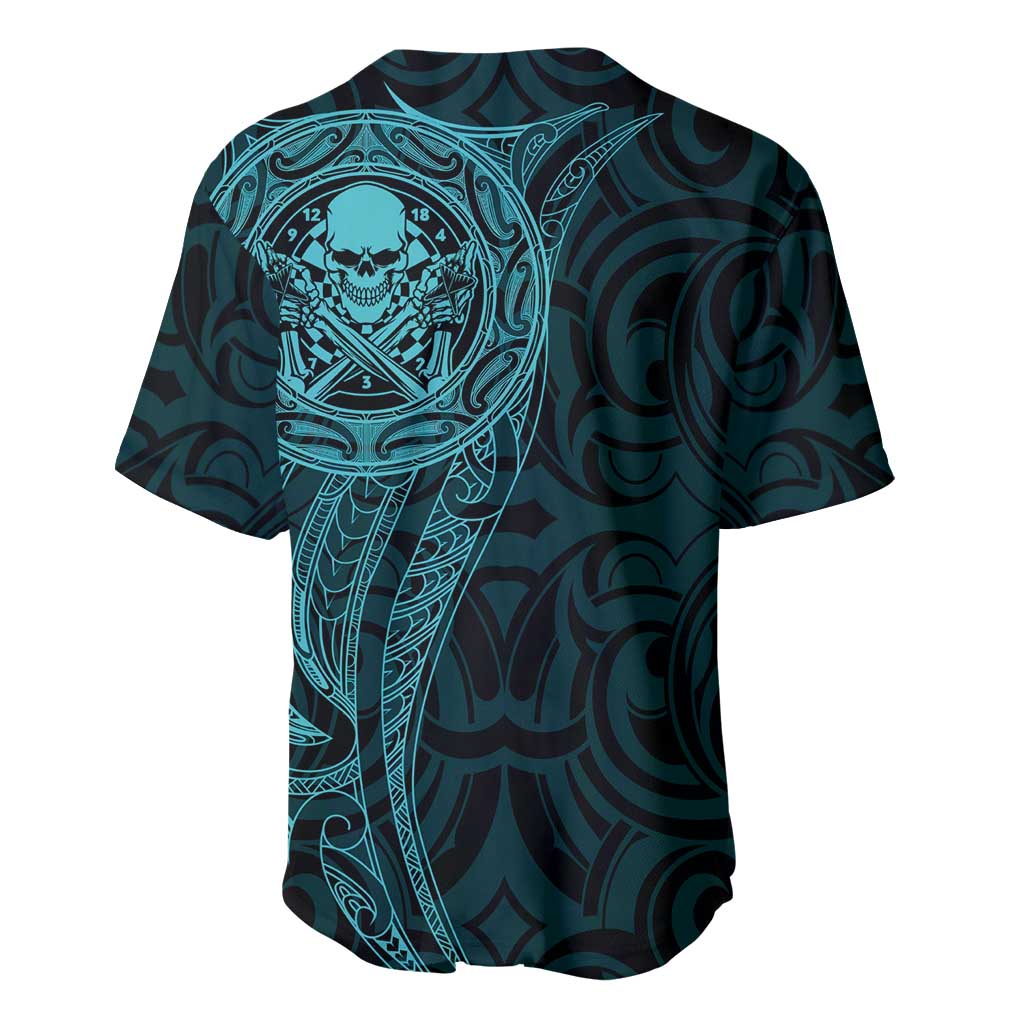 New Zealand Skull Darts Baseball Jersey Aotearoa Maori Chest Tattoo Stylized Teal - Polynesian Pride