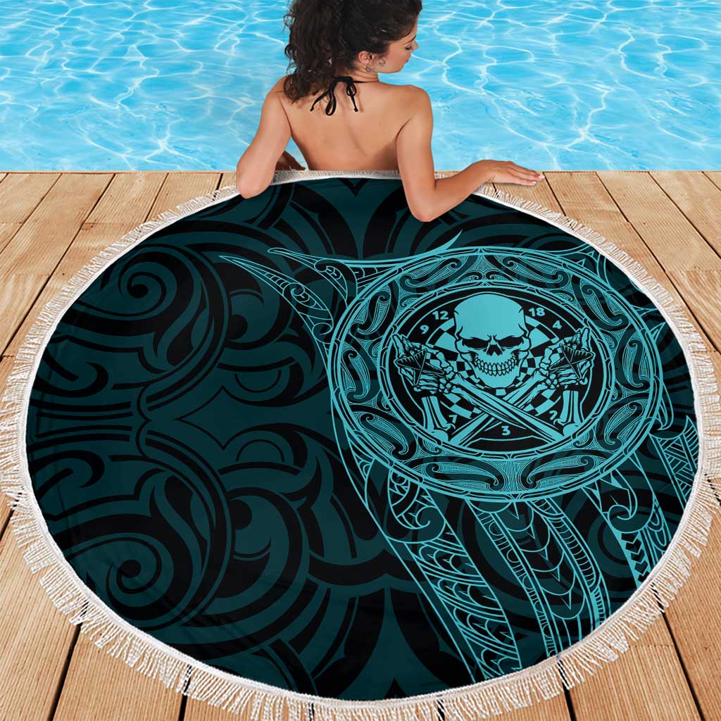 New Zealand Skull Darts Beach Blanket Aotearoa Maori Chest Tattoo Stylized Teal - Polynesian Pride