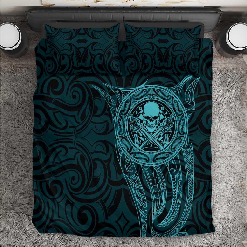 New Zealand Skull Darts Bedding Set Aotearoa Maori Chest Tattoo Stylized Teal - Polynesian Pride