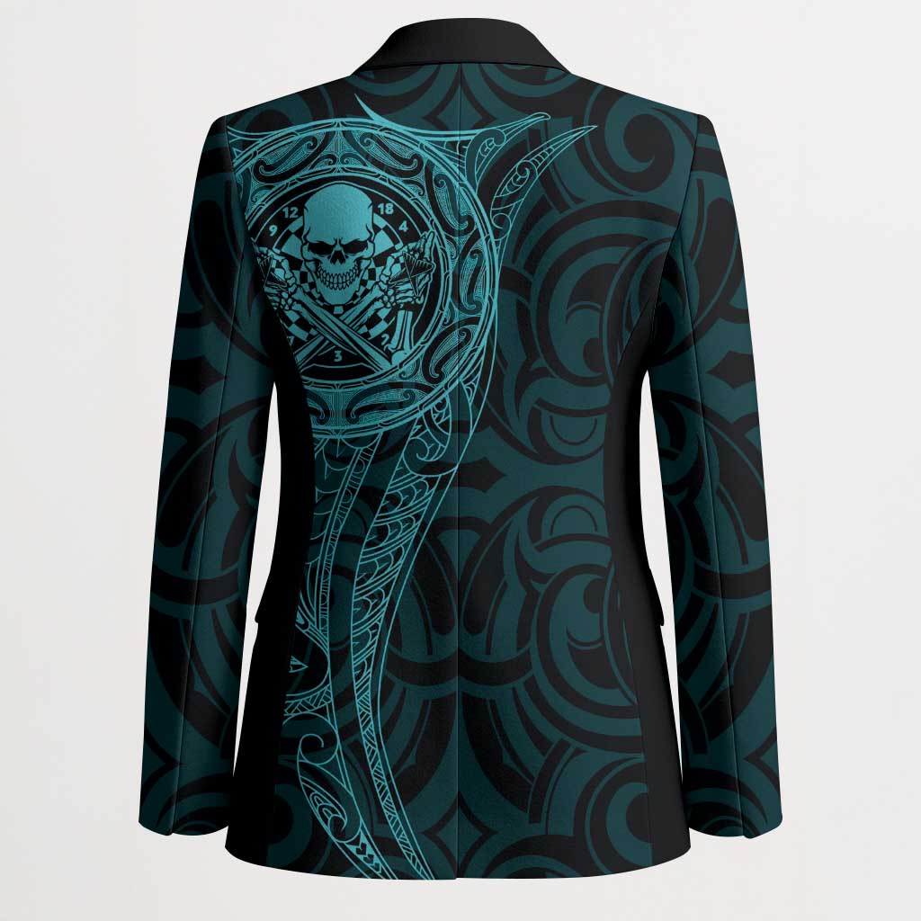 New Zealand Skull Darts Blazer Aotearoa Maori Chest Tattoo Stylized Teal - Polynesian Pride