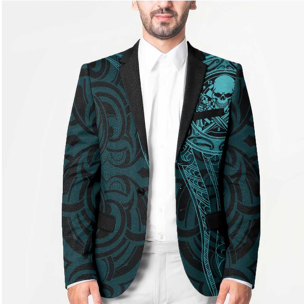New Zealand Skull Darts Blazer Aotearoa Maori Chest Tattoo Stylized Teal - Polynesian Pride