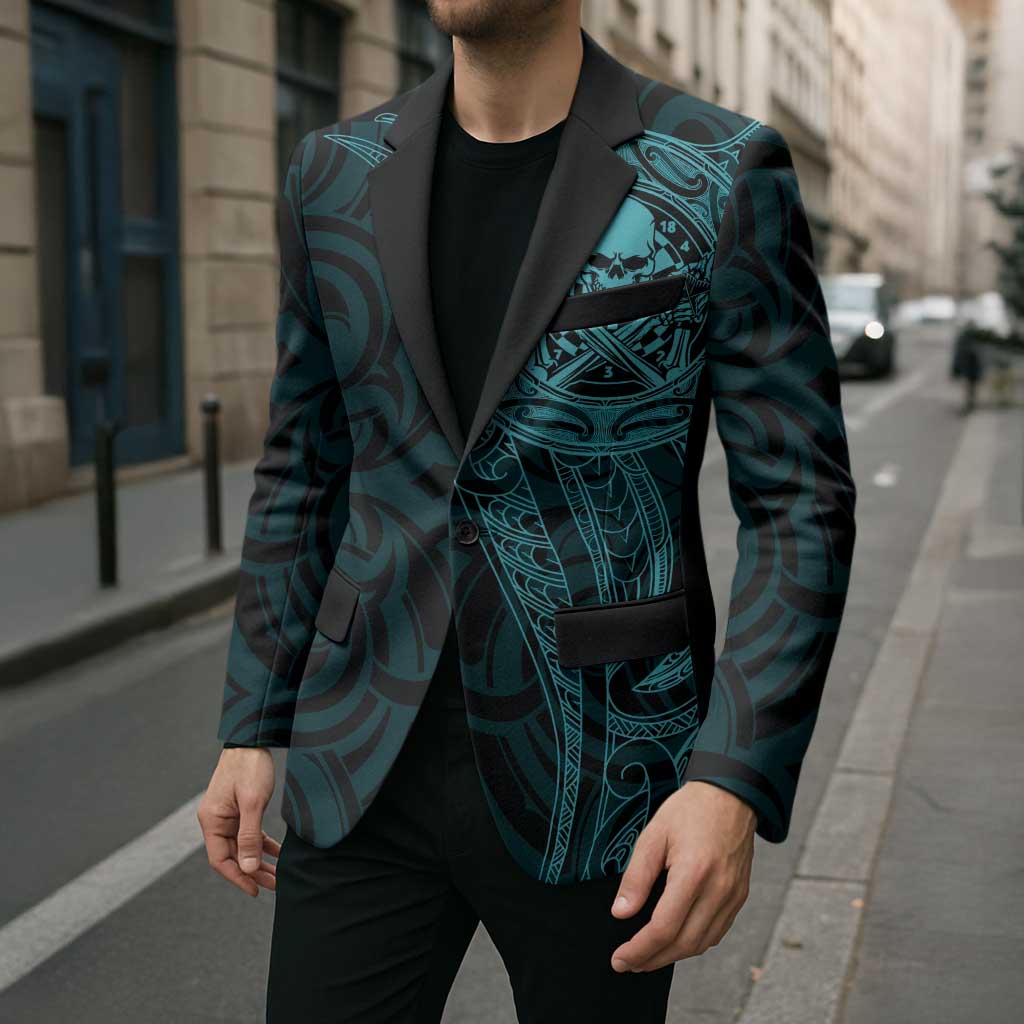 New Zealand Skull Darts Blazer Aotearoa Maori Chest Tattoo Stylized Teal - Polynesian Pride