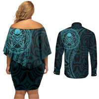 New Zealand Skull Darts Couples Matching Off Shoulder Short Dress and Long Sleeve Button Shirt Aotearoa Maori Chest Tattoo Stylized Teal - Polynesian Pride
