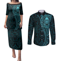 New Zealand Skull Darts Couples Matching Puletasi and Long Sleeve Button Shirt Aotearoa Maori Chest Tattoo Stylized Teal - Polynesian Pride