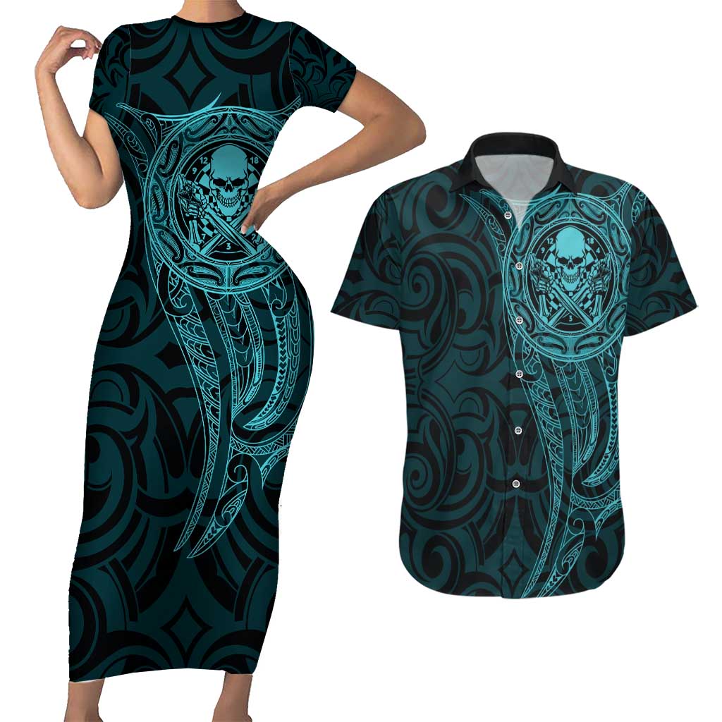 New Zealand Skull Darts Couples Matching Short Sleeve Bodycon Dress and Hawaiian Shirt Aotearoa Maori Chest Tattoo Stylized Teal - Polynesian Pride