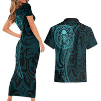 New Zealand Skull Darts Couples Matching Short Sleeve Bodycon Dress and Hawaiian Shirt Aotearoa Maori Chest Tattoo Stylized Teal - Polynesian Pride